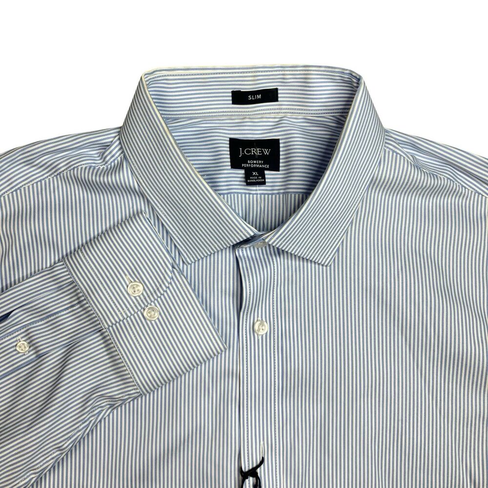 J Crew Dress Shirt Mens XL Blue White Striped Slim Bowery Performance CA351